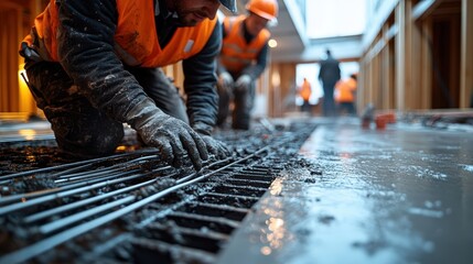Construction workers pouring concrete onto steel grating for the foundation of a building