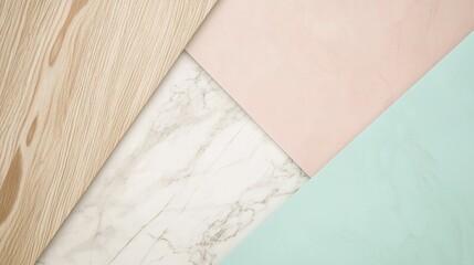 Wood, marble, pastel pink and pastel aquamarine surfaces creating a stylish geometric composition, ideal for backgrounds and modern designs