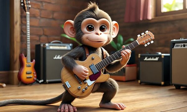 Adorable monkey playing electric guitar in a music studio with amplifiers