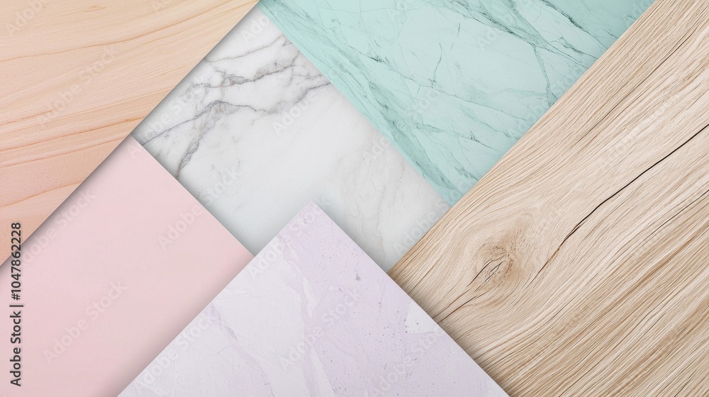 Poster wooden and marble surfaces in various pastel colors are creating a geometric pattern, ideal for back