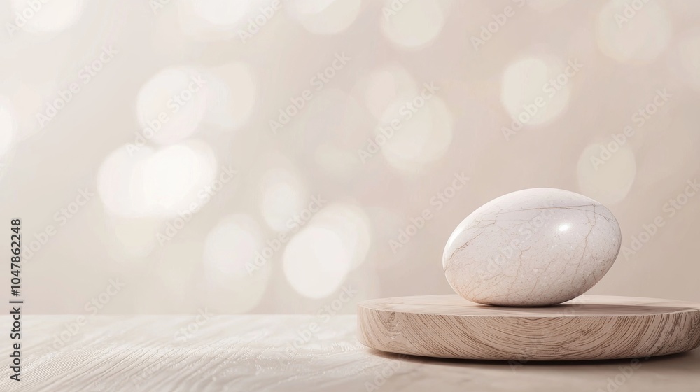 Poster white easter egg rests on a small, round wooden stand, creating a simple yet elegant composition aga