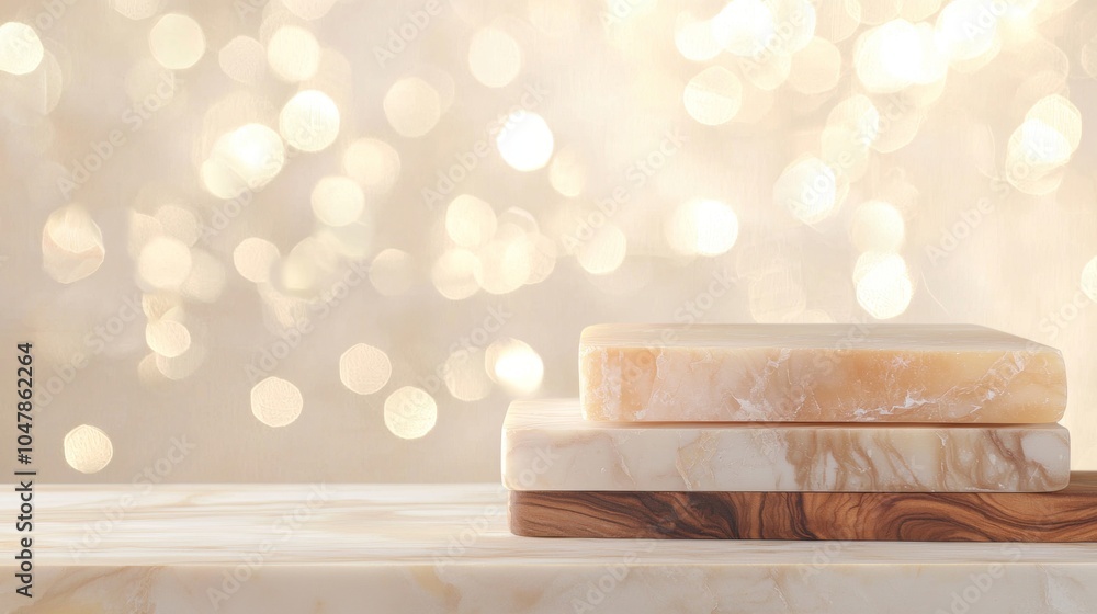 Aufkleber empty stone podium displaying products on festive golden bokeh background is perfect for showcasing 