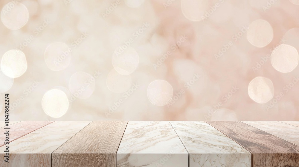 Poster empty wooden table with blurred background and bokeh lights, perfect for product displays. warm glow