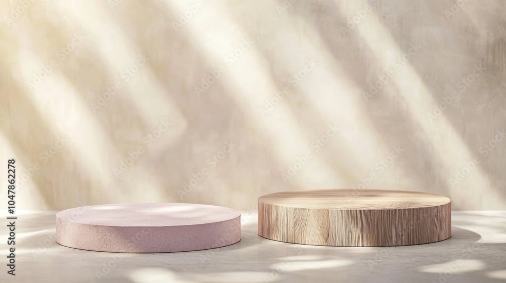Poster two empty cylinder podiums are displaying products on a beige background with window light creating 