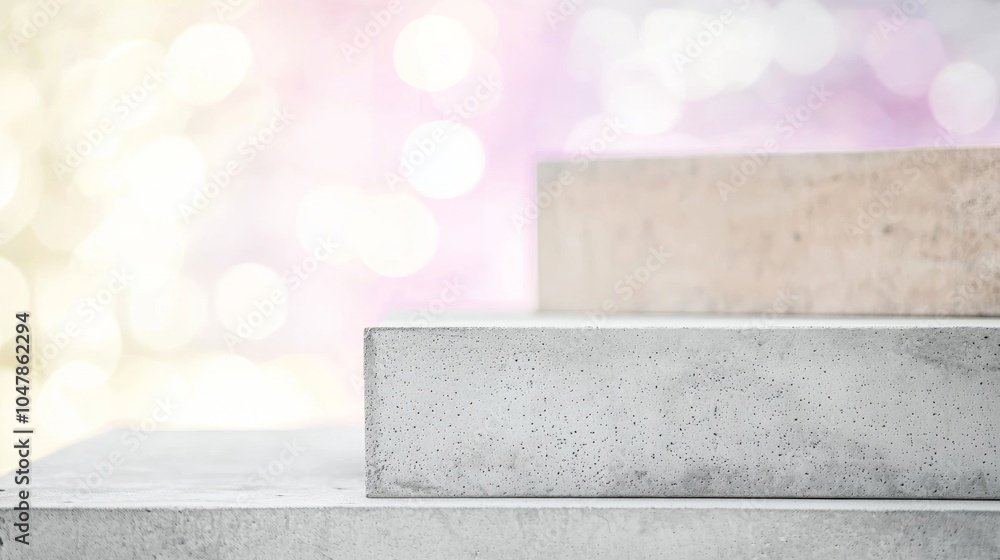 Poster three empty concrete blocks creating a stepped display surface are set against a blurred background 