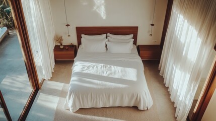 Serene Minimalist Bedroom with Modern Furniture and White Linens from Overhead View