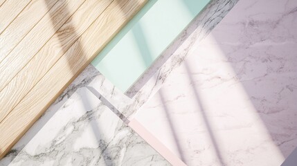 Obraz premium Light beams creating shadows on a minimalist composition of pastel-colored surfaces and marble, perfect for showcasing products or adding a touch of elegance