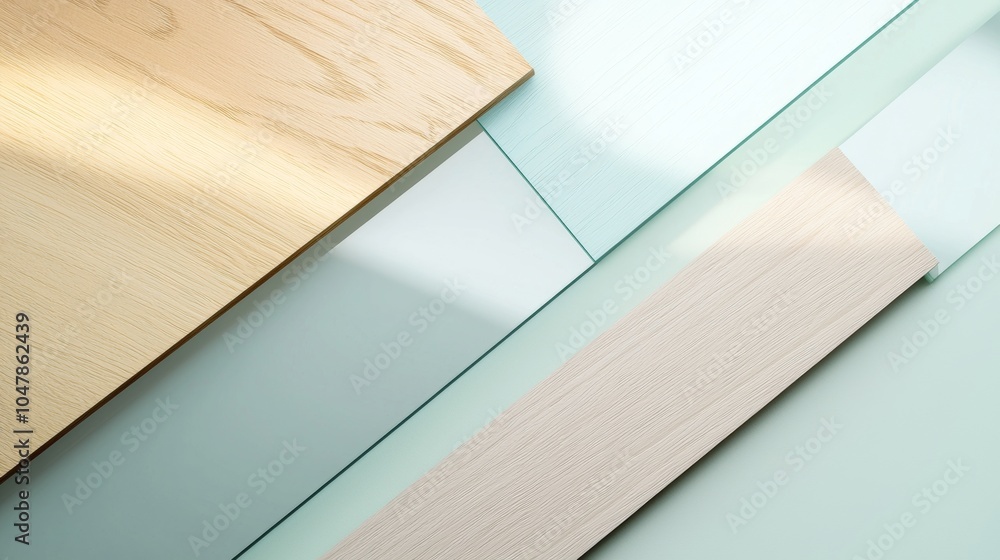 Poster light wood and glass panels are creating an abstract geometric composition with overlapping shapes a