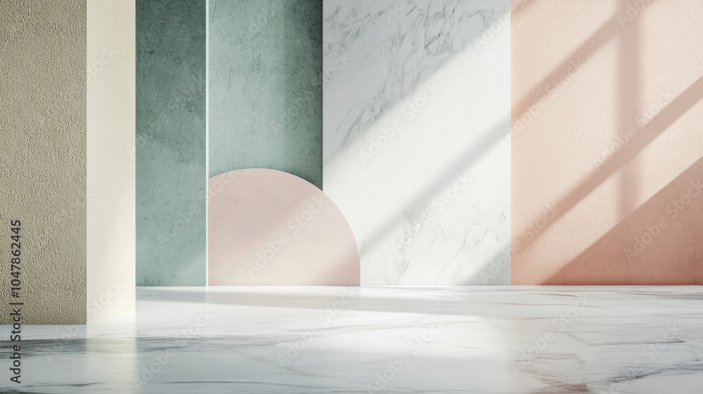 Poster sunlight illuminating a modern empty room with marble floor and colorful walls, including a semicirc