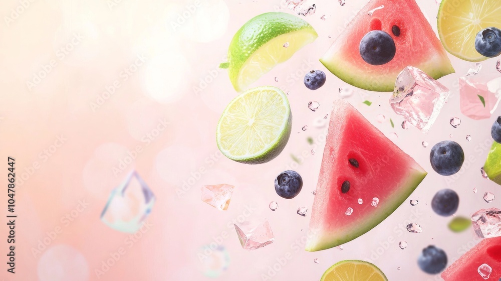 Poster slices of refreshing watermelon, lime and blueberries are splashing with ice cubes on a vibrant pink