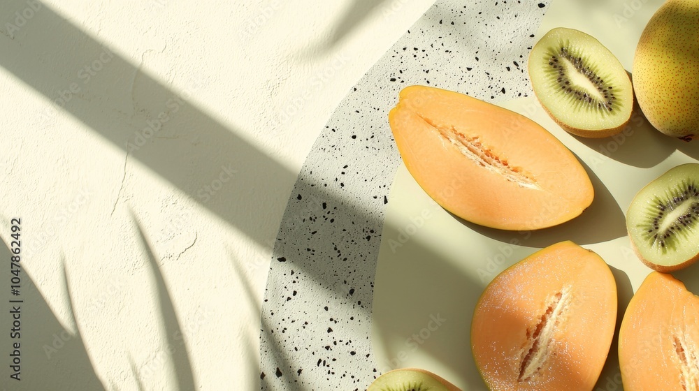 Poster slices of papaya and kiwi fruit are arranged on a table with a textured background, illuminated by b