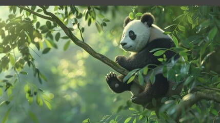 Obraz premium A Young Panda Sitting on a Branch in Lush Green Foliage