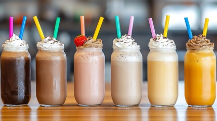 Milkshakes in clear glass bottles, each with a different flavor—chocolate, strawberry, vanilla—and topped with whipped cream and a colorful straw. The setup feels fun and lively.