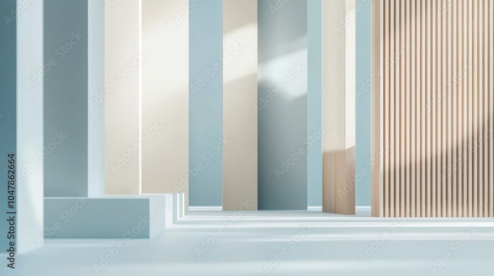 Poster sunlight is illuminating a minimal and empty room with blue and beige columns and a wooden wall, cre