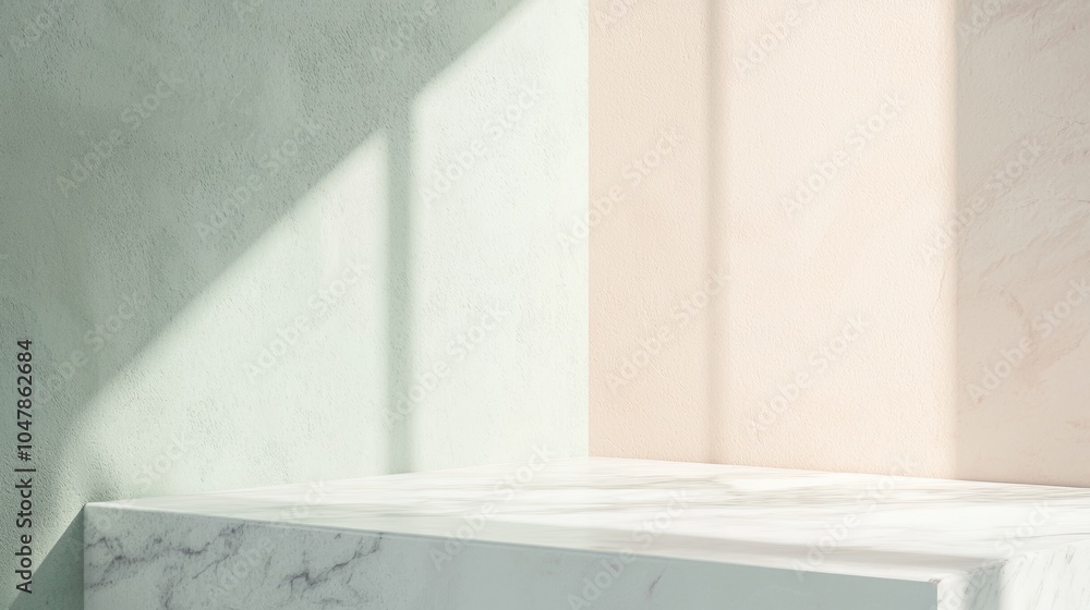 Poster sunlight illuminating a marble product display stand in a room with green and pink walls, creating a