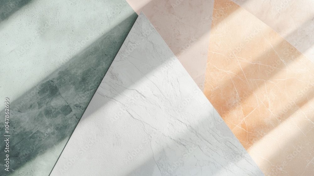 Poster sunlight is creating shadows on marble and concrete surfaces of different colors, forming an abstrac