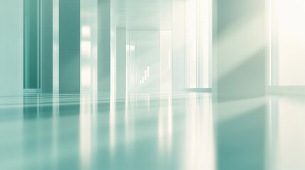 Fototapeta premium Modern office corridor flooded with sunlight, reflecting light on shiny floors and white walls, creating a minimalist, futuristic feel for a professional workplace