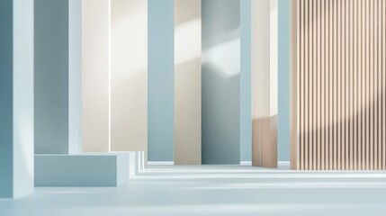 Sunlight is illuminating a minimal and empty room with blue and beige columns and a wooden wall, creating an abstract and modern architectural space