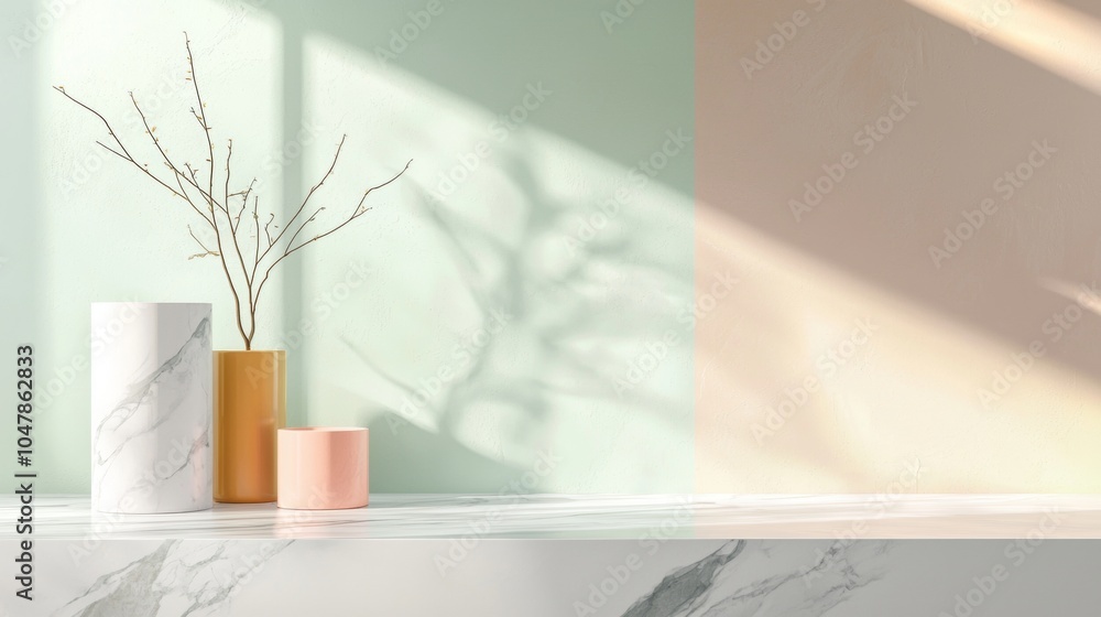 Poster sunlight is illuminating a marble surface with colorful vases and dry branches casting shadows on a 