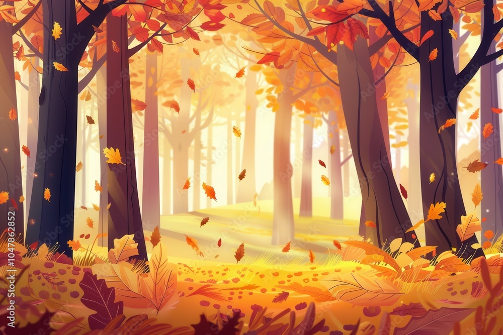 Poster a tranquil forest bursts with golden autumn colors, featuring trees adorned with bright leaves and s