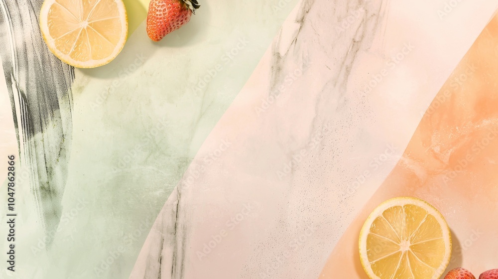 Aufkleber slices of lemon and fresh strawberries are artfully arranged on a marble background, creating a vibr