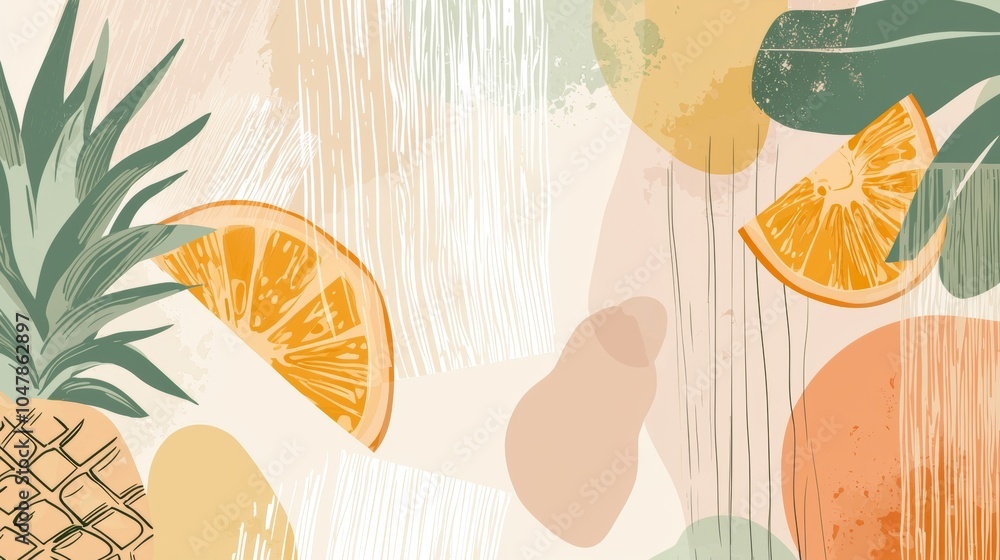 Poster pineapple and orange slices are arranged on an abstract background with organic shapes and textures,