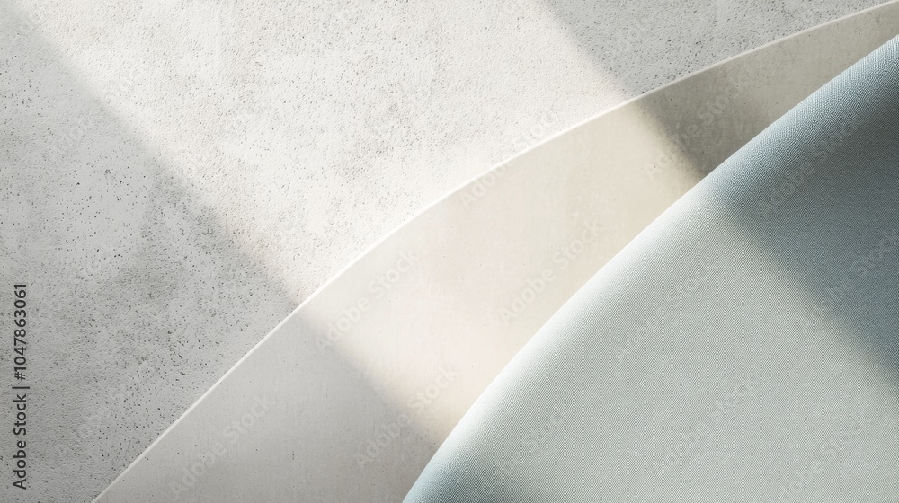 Poster sunlight illuminates curved shapes of beige and light blue fabric leaning against textured concrete 