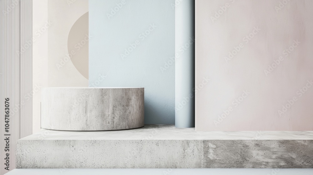 Poster concrete round podium resting on a wide concrete base with a minimal geometric pastel background is 