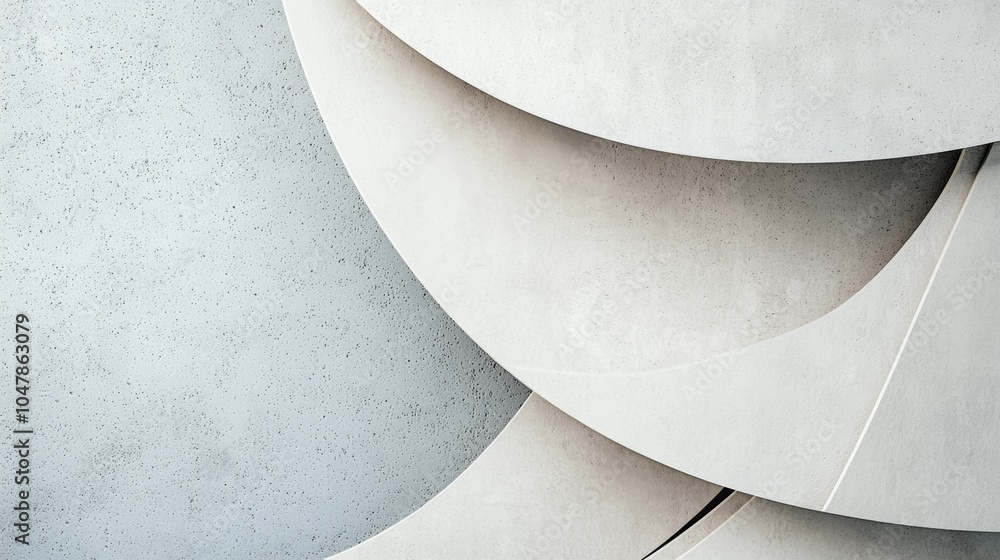 Poster Modern architectural detail showing overlapping circular shapes creating an abstract and minimalist design with a textured concrete or cement surface, ideal for backgrounds and textures