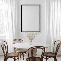 Minimalist Dining Room with Classic Bentwood Chairs and Empty Frame

