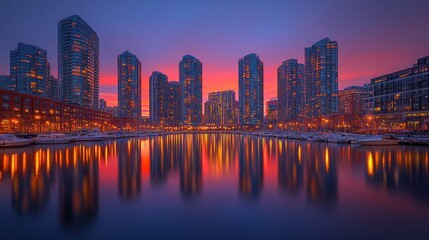 Fototapeta premium City skyline reflected in a calm harbor at sunset.