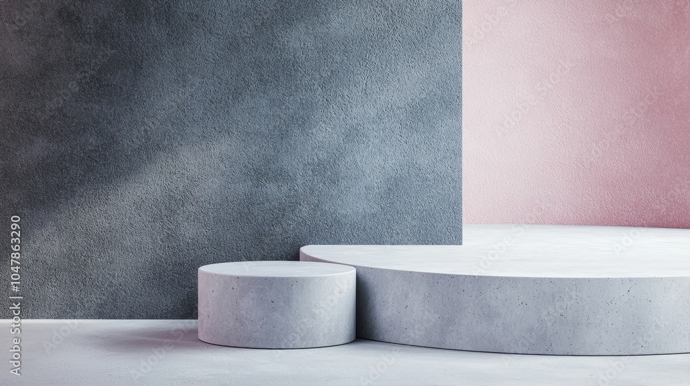 Poster two empty concrete round and cylindrical pedestals are displaying products on gray and pink backgrou