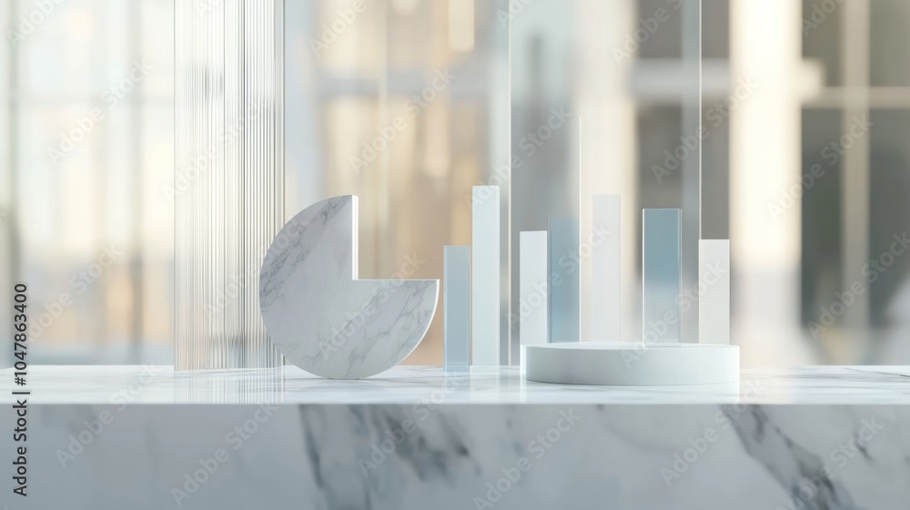 Poster marble and glass pie chart with bar graph displayed on a podium on a marble surface with glass panel