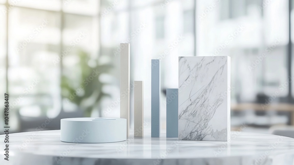 Poster geometric shapes and a marble slab are displayed on a marble table in a modern office setting, creat