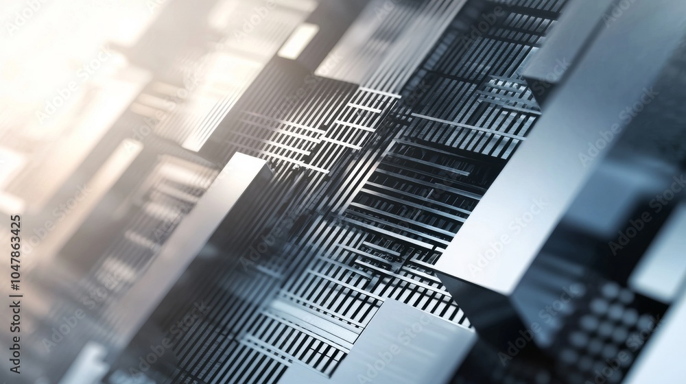 Poster complex metallic structure with intersecting lines and blocks creating a futuristic and technologica