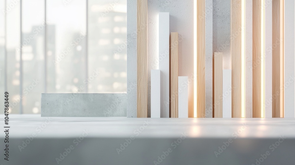 Poster empty concrete stage with wooden and white panels illuminating a blurred cityscape through a large w