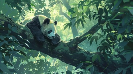 Obraz premium A Sleepy Panda Resting on a Branch in a Lush Green Forest