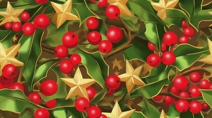 Christmas seamless pattern with oculus leaves, berries and gold stars.Timeless print for festive wallpaper and textile Christmas design