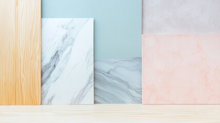 Wood, marble and other materials samples are displayed on a wooden table, offering a variety of textures and colors for an interior design project