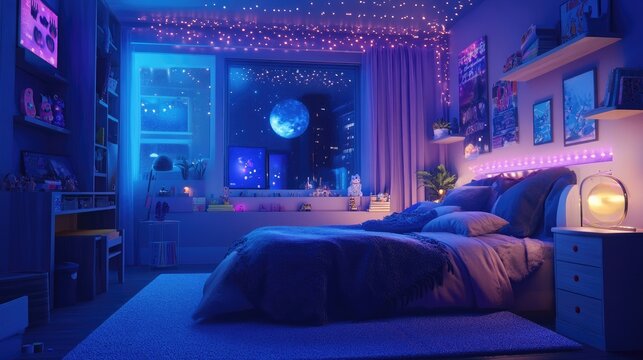 A bedroom with a bed, night lights, and a window view of a moonlit cityscape