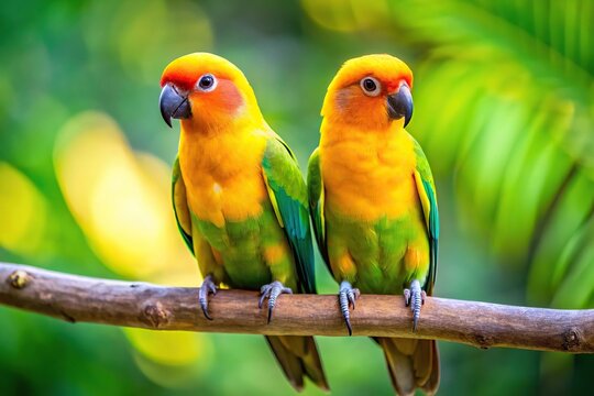 Symmetrical pair of yellow-headed parakeets resting on a tree branch in the jungle