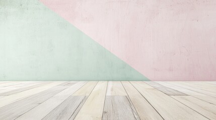 Empty room featuring a light wooden floor and a two-tone pastel wall, creating a minimalist and modern space ideal for showcasing products or designs
