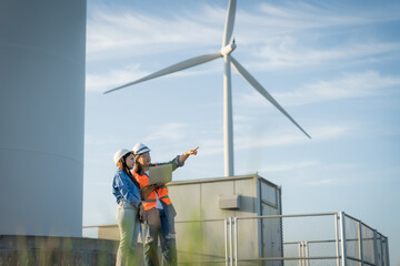 two engineers  are standing on a fence looking at a wind turbine. One of them is pointing at the turbine