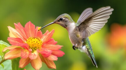Hummingbird in Flight Sipping Nectar from Flower