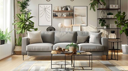Stylish living room interior with comfortable grey sofa, coffee table and big window