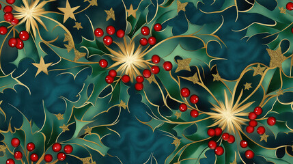 Christmas seamless pattern with oculus leaves, berries and gold stars.Timeless print for festive wallpaper and textile Christmas design