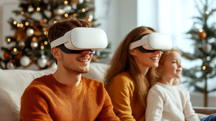 Family sitting on a couch wearing VR headsets, smiling in a festive room. Concept of virtual reality enjoyment and family togetherness. For technology and holiday-themed promotions.