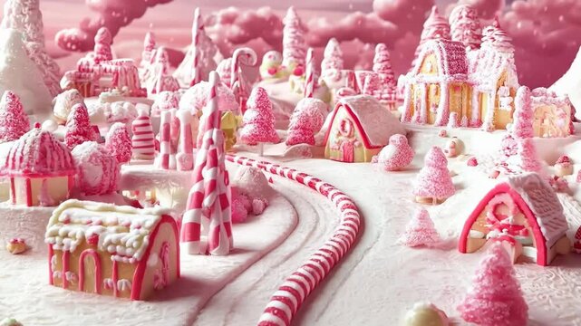 A whimsical candy landscape featuring pink sweets, trees, and houses, creating a magical and enchanting scene for dreams.