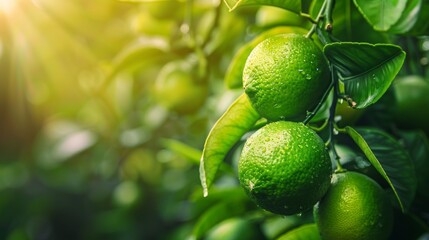 Limes Hanging from a Branch in a Lush Garden