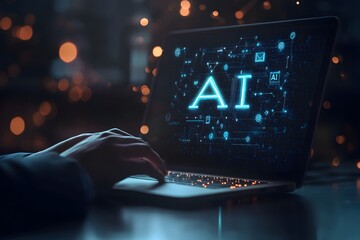 Modern Computing with Advanced Technology in Dark Setting with text AI floating in the air

